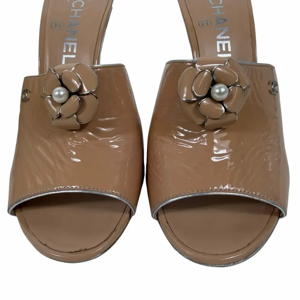 Chanel Camellia CC Logo Patent Leather Mule Sandal Beige Size 37.5
